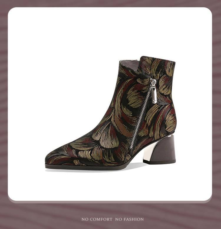 Women Fashion Elegant Formal Leather Printed Block Chunky Heel Date Ankle Boots