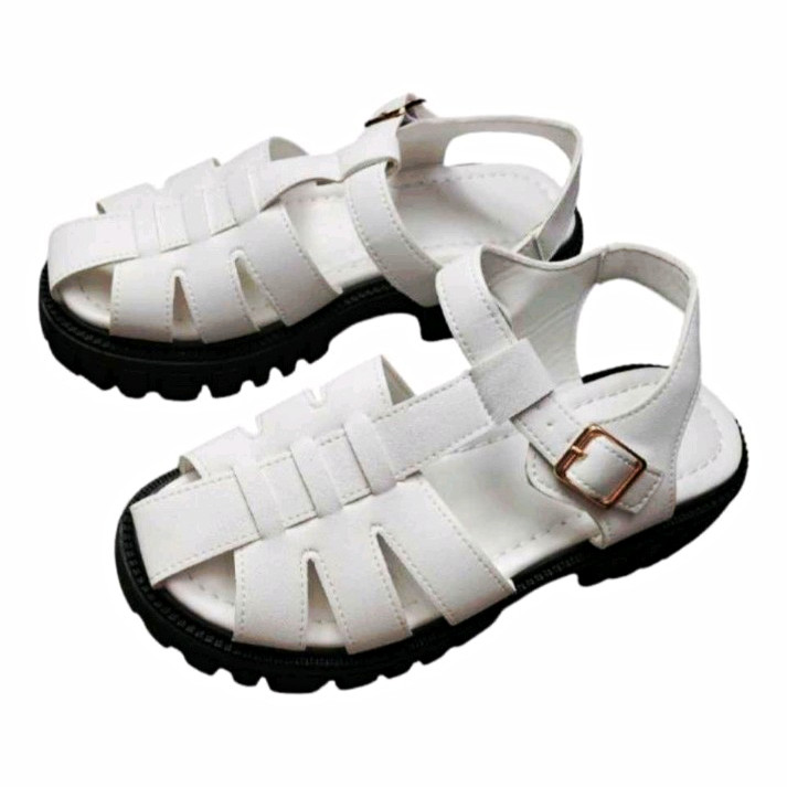 Women’s White Strappy Ankle Strap Buckle Flat Sandals Faux Leather 8