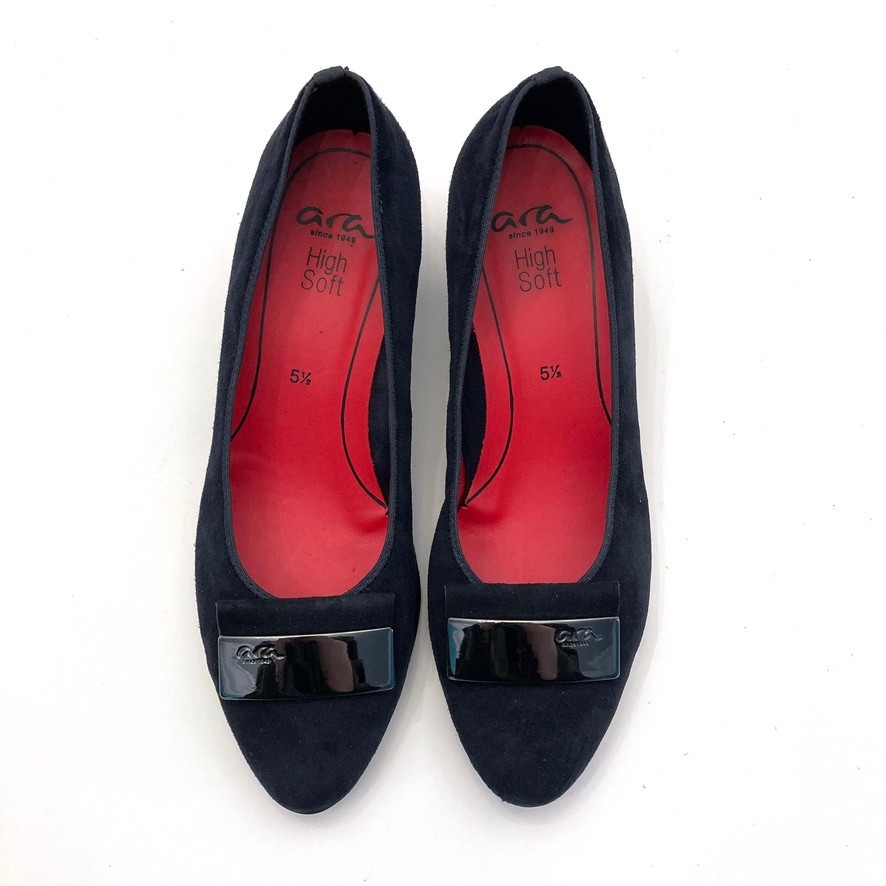 Ara Suede Leather Pumps High Soft Navy Blue Womens 5.5 2″ Block Heel