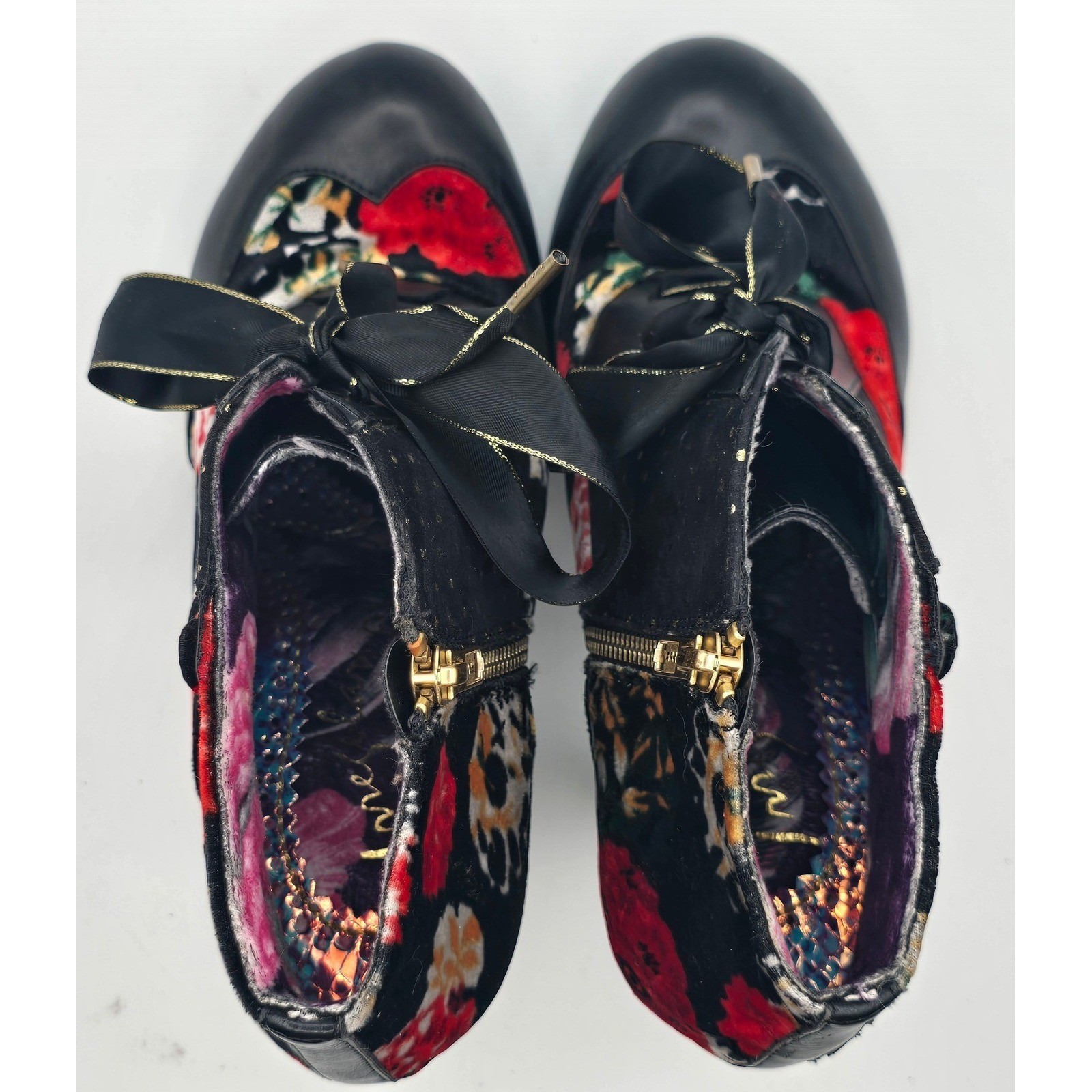 Irregular Choice Floral Velvet Ribbon Lace Ankle Boots Gold Polka Dot EU40 US 9