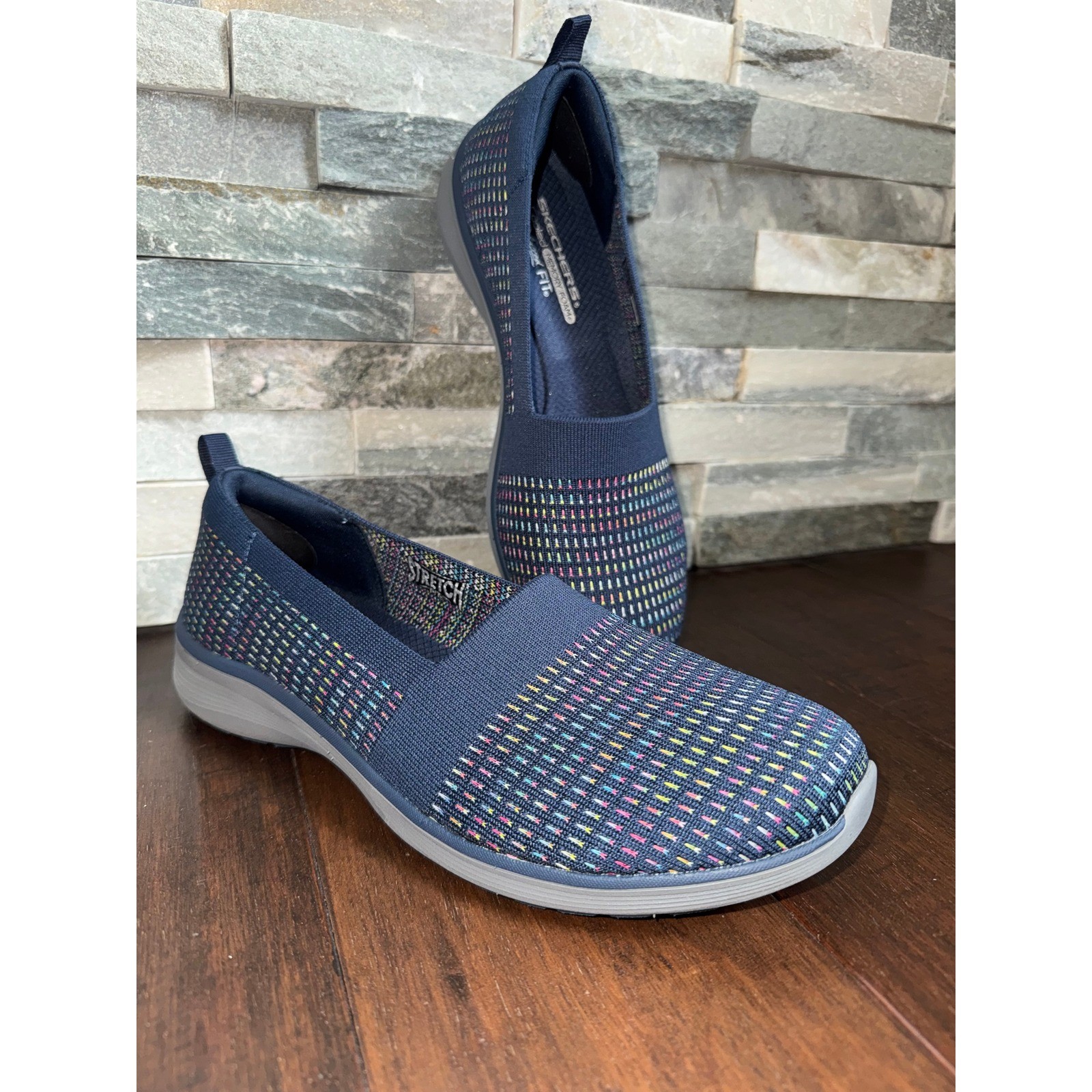 Skechers Relaxed Fit Navy Rainbow Knit Air-Cooled Memory Foam Slip On Shoes