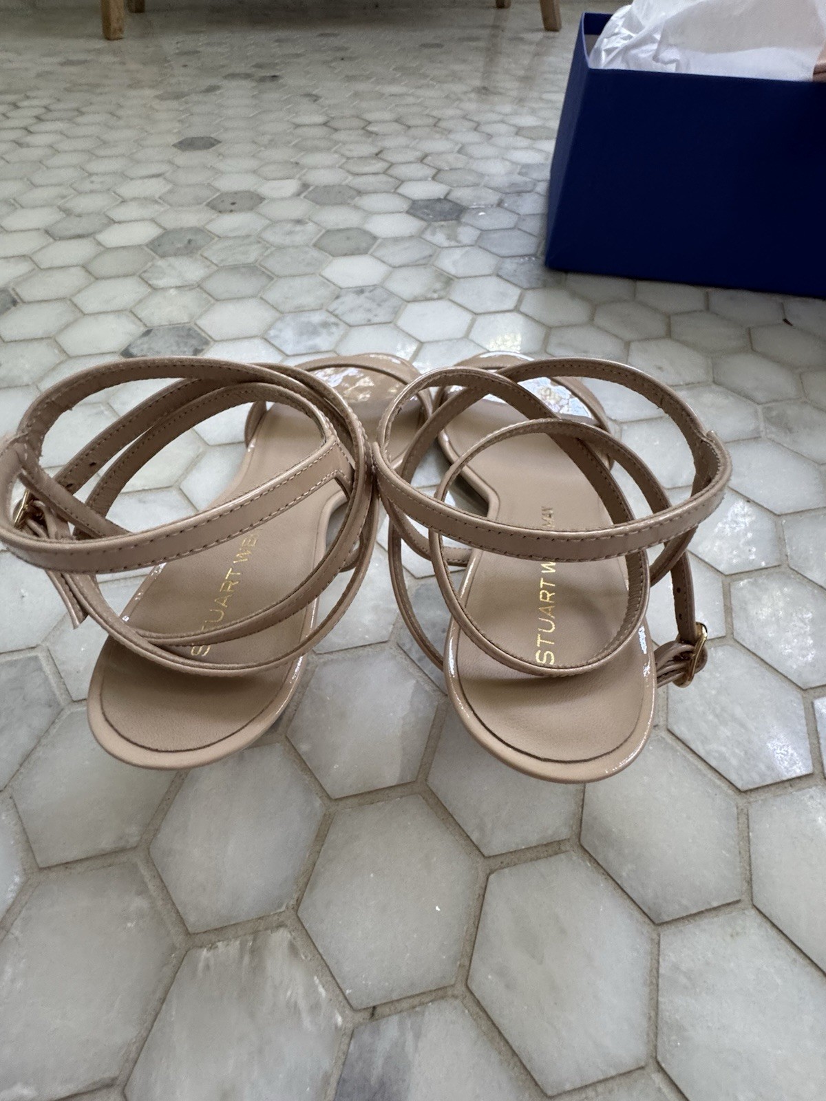 Stuart Weitzman Beige Patent Leather Strappy Ankle Strap Block Heel 8B