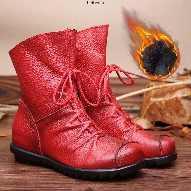 Womens Soft Leather Lace Up Ankle Boots High Top Moccasin Side Zip Comfort Shoes