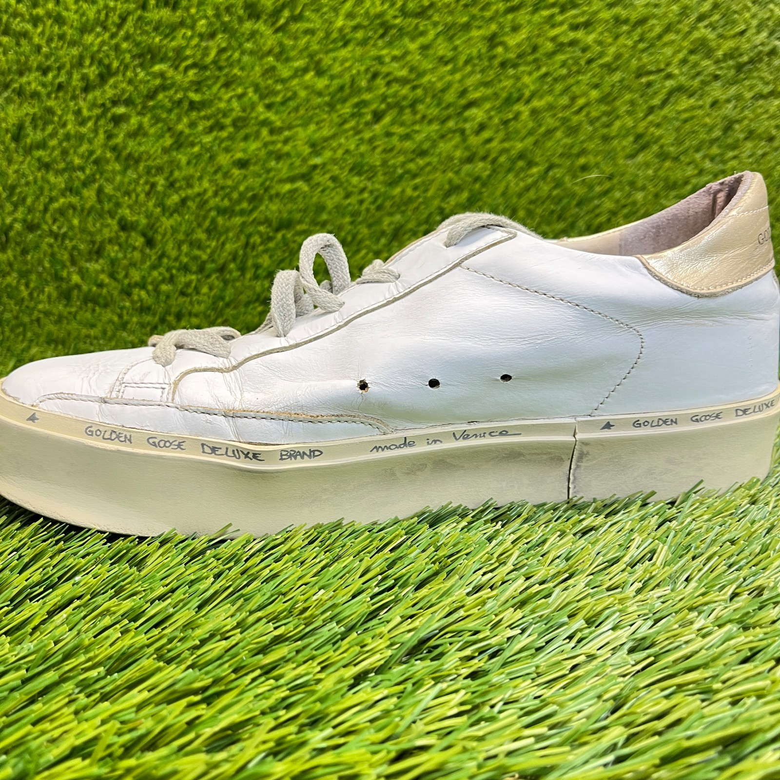 Golden Goose Hi Star Womens Size 9 White Beige Athletic Leather Shoes Sneakers