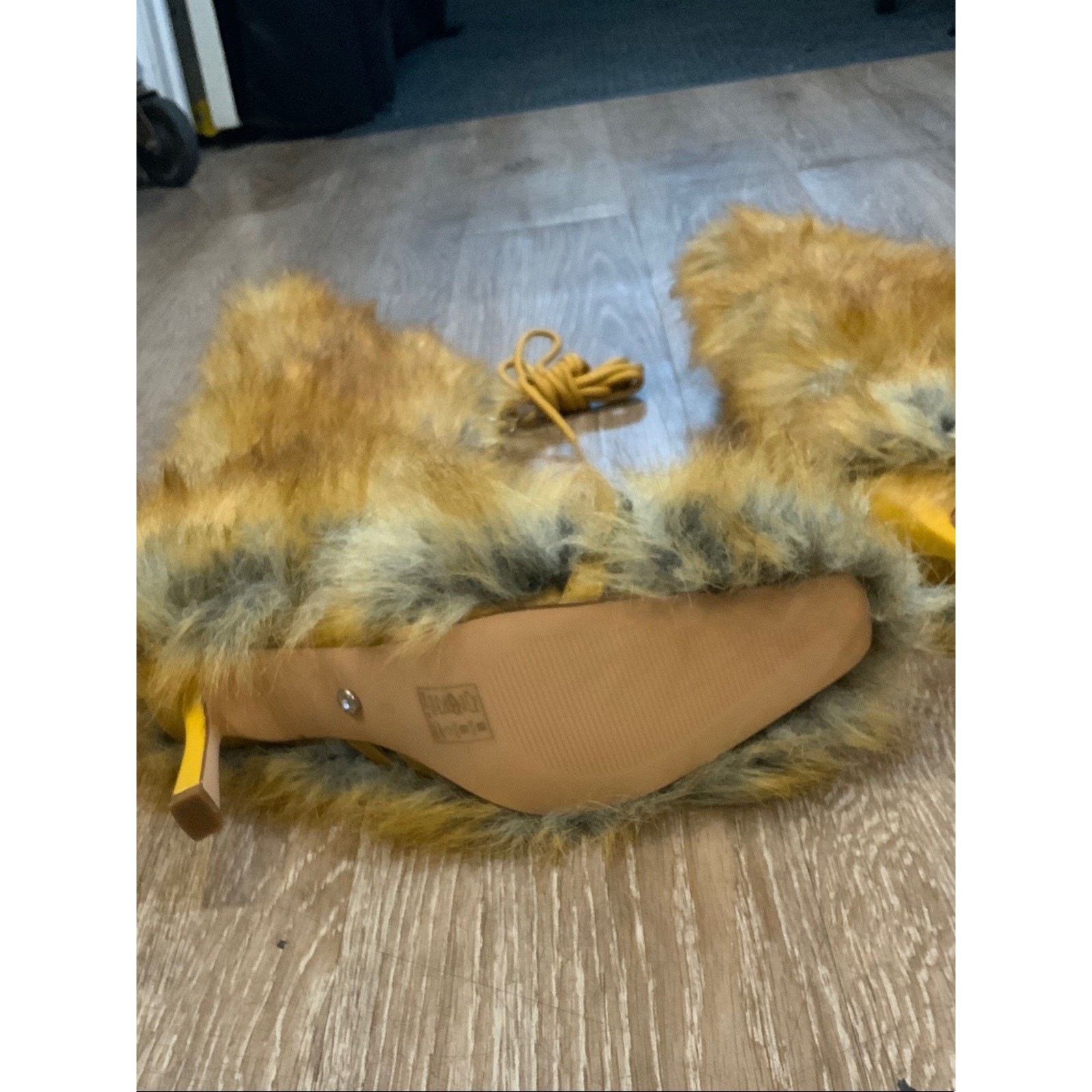 Faux Fur Knee-High Stiletto Boots in Mustard Yellow and Gray