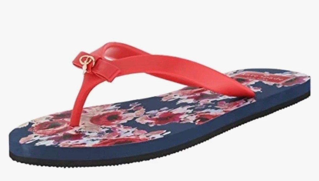 Kate Spade Fairytale Red Matte Flip Flops, Multi Blurry Floral Print,Size 10