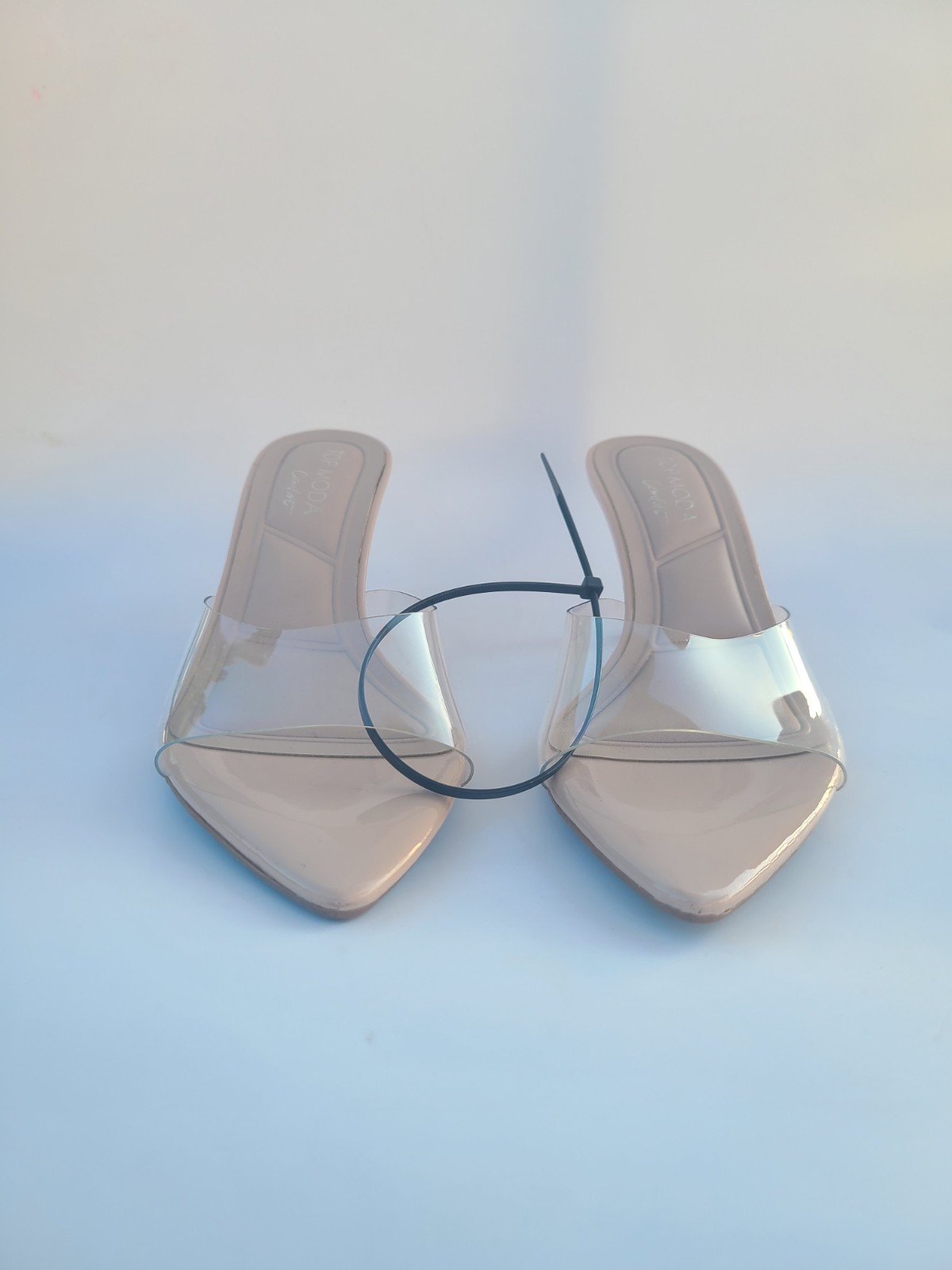 TOP MODA Beige Clear Strap Pointed Toe Stiletto Mule Heels Women’s Size 5