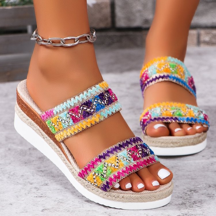 Fashion Wavy Pattern Woven Sandals Summer Casual Ethnic Style Slippers Linen Bot