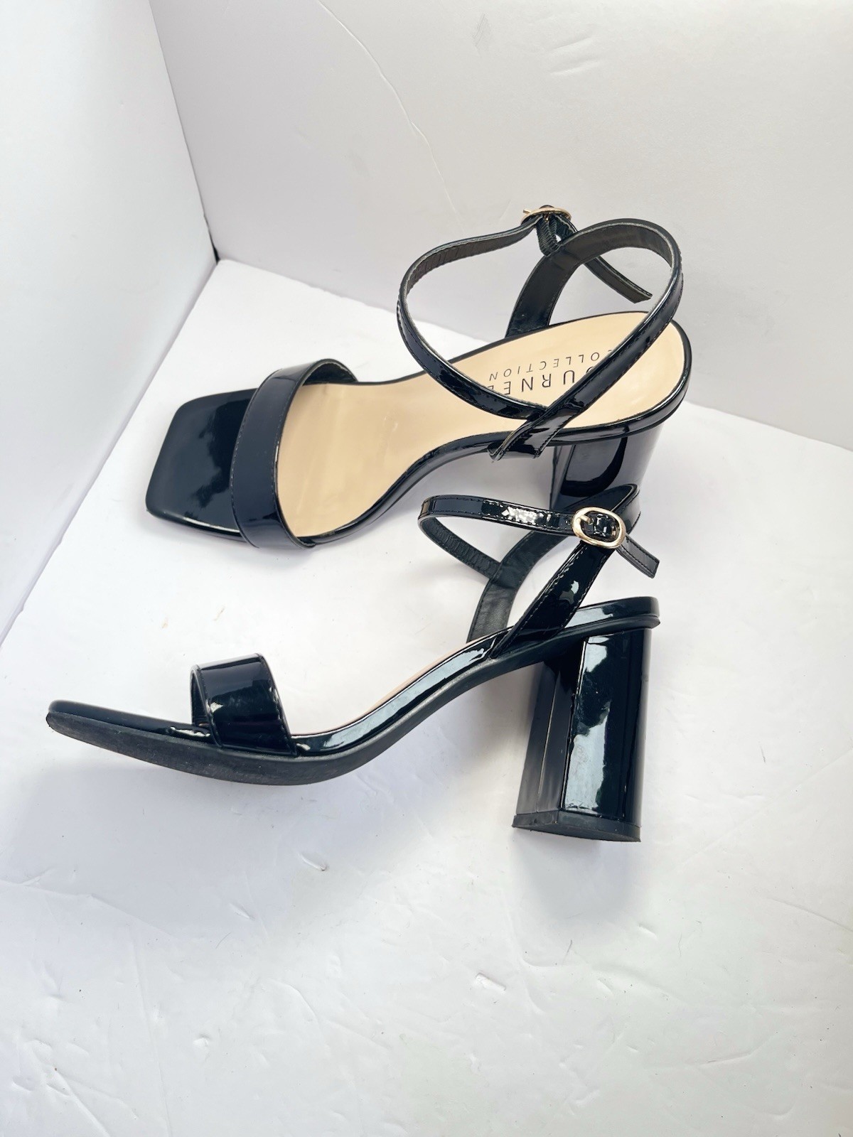 Journee Collection Tivona Patent Vegan Leather Strappy Block Heels Black Sz 9.5