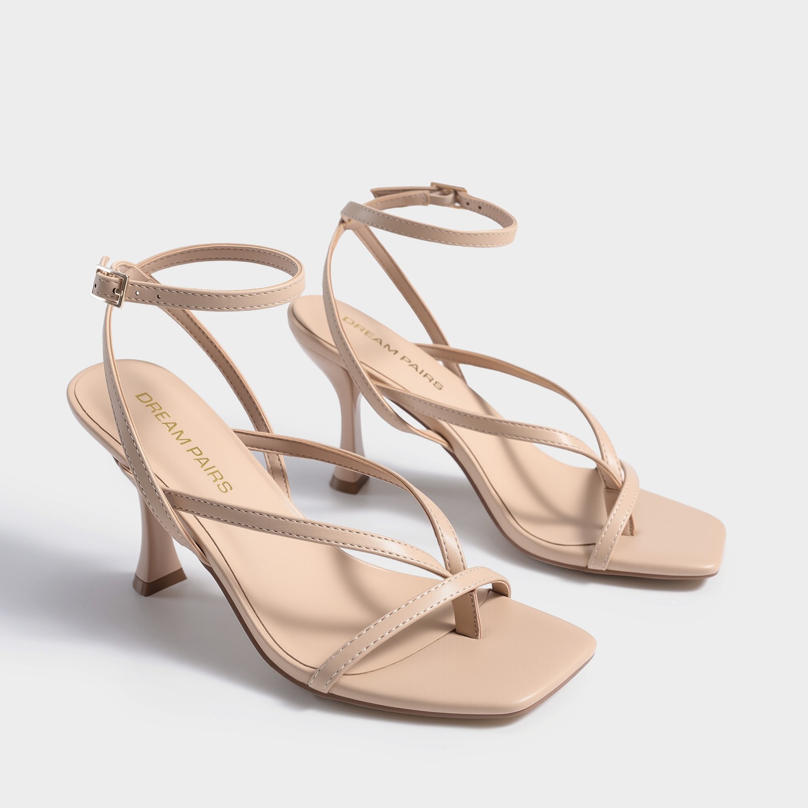 Women Thong Heel Sandals Strappy Square Toe Ankle Straps Sexy Dress Sandals NEW