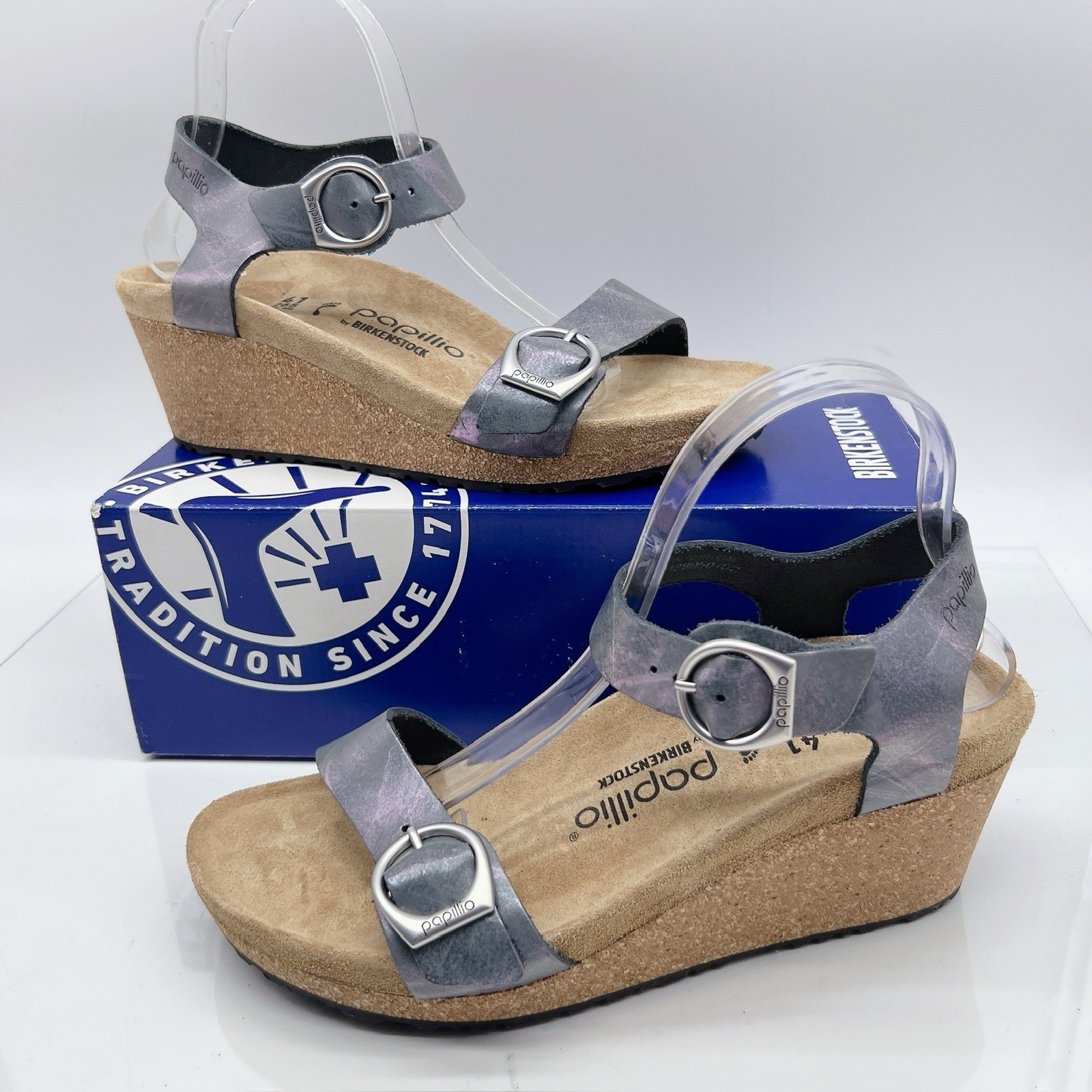 Birkenstock Papillio Soley Ring Buckle Sandal Metallic Black Wedge EU 41 Womens