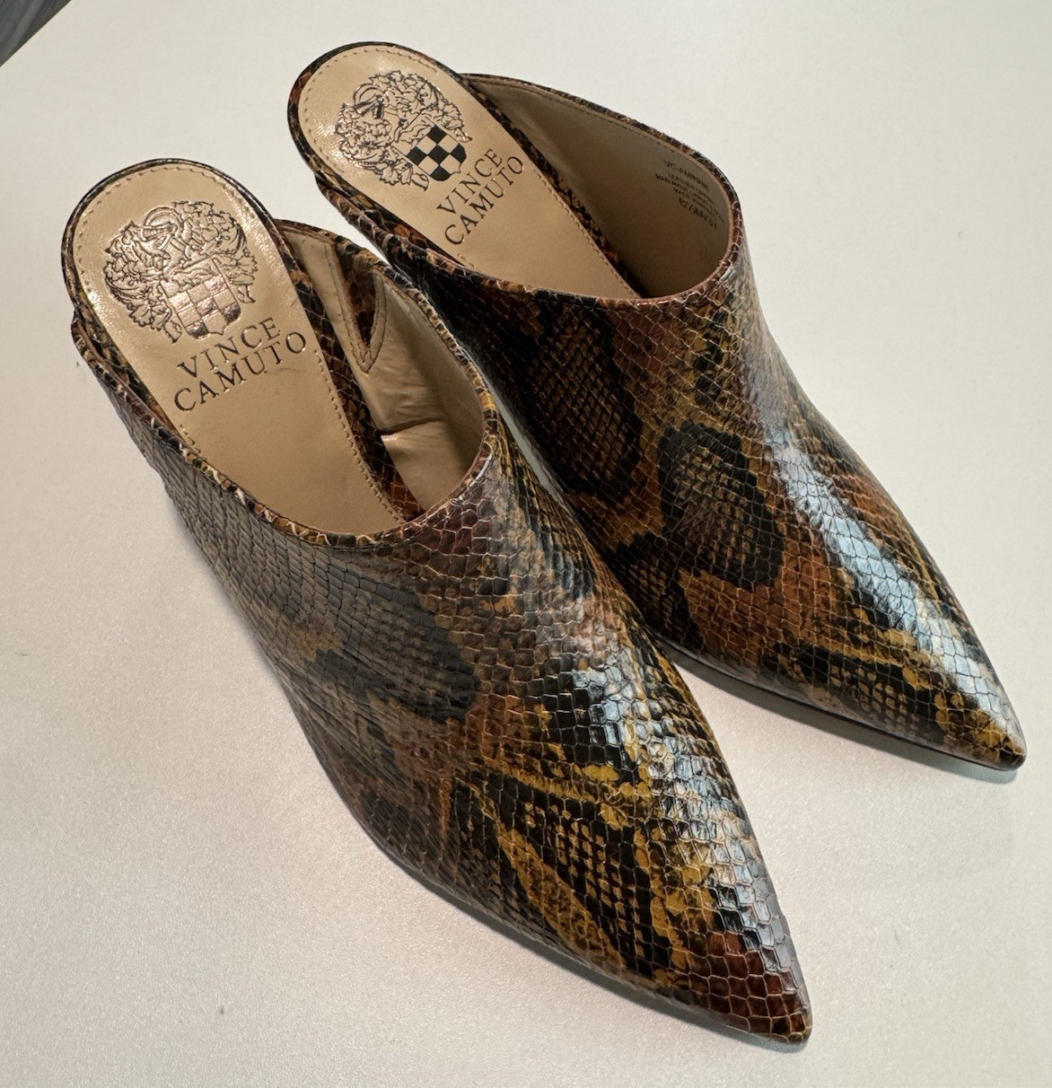 Vince Camuto Women’s Snakeskin Pointed Toe Mule Block Heel Brown/Black 6.5M