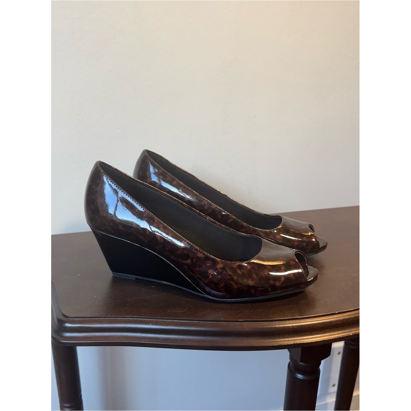 Predictions Brown Tortoiseshell Patent Peep-Toe Wedges