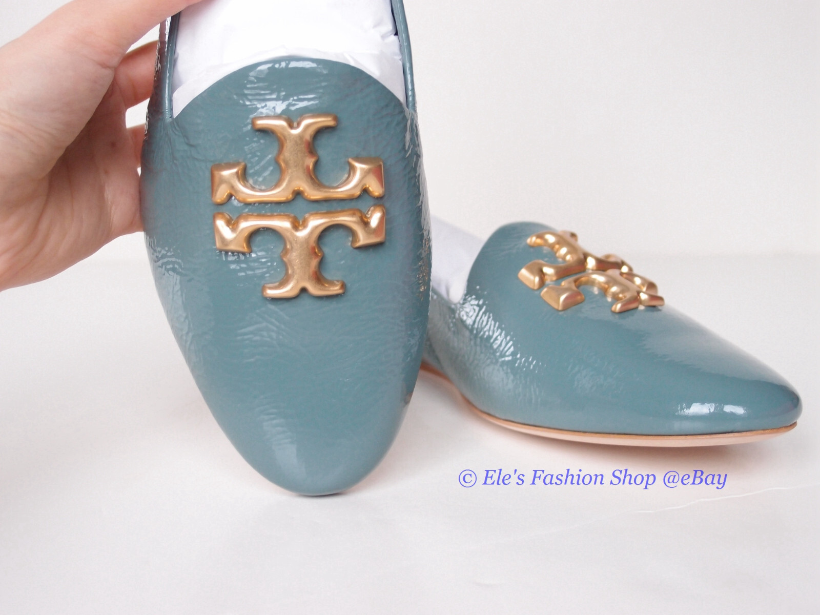 NIB Tory Burch Eleanor Leather Loafer Arctic BLUE US 7.5 8 8.5 9 9.5 AUTHENTIC