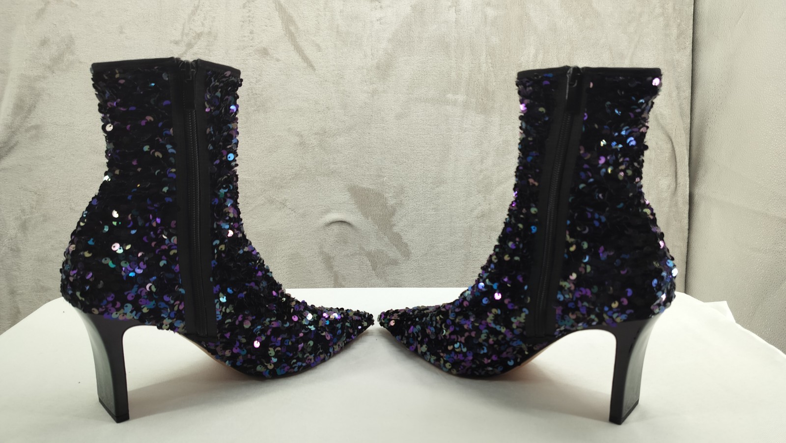Franco Sarto Avana Sequin Ankle Boots – Multicolor, Pointed Toe, Zipper Heel