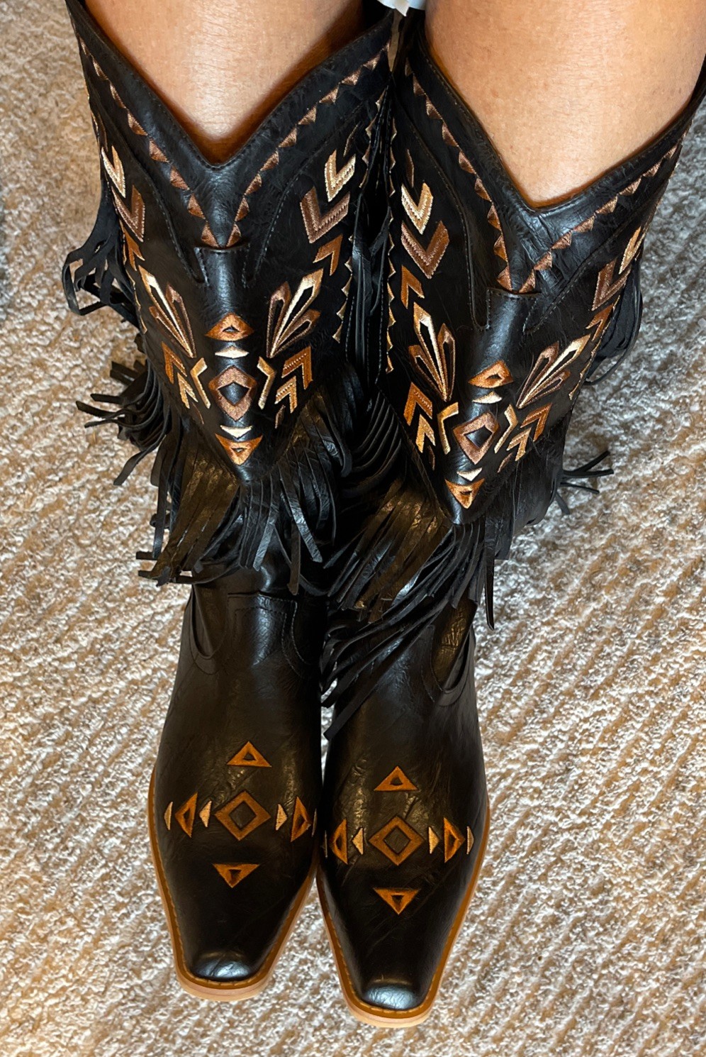 SARAIRIS Western Mid Calf Bootie, Chunky Heel Fringe, Embroidered Denim, 2.75in