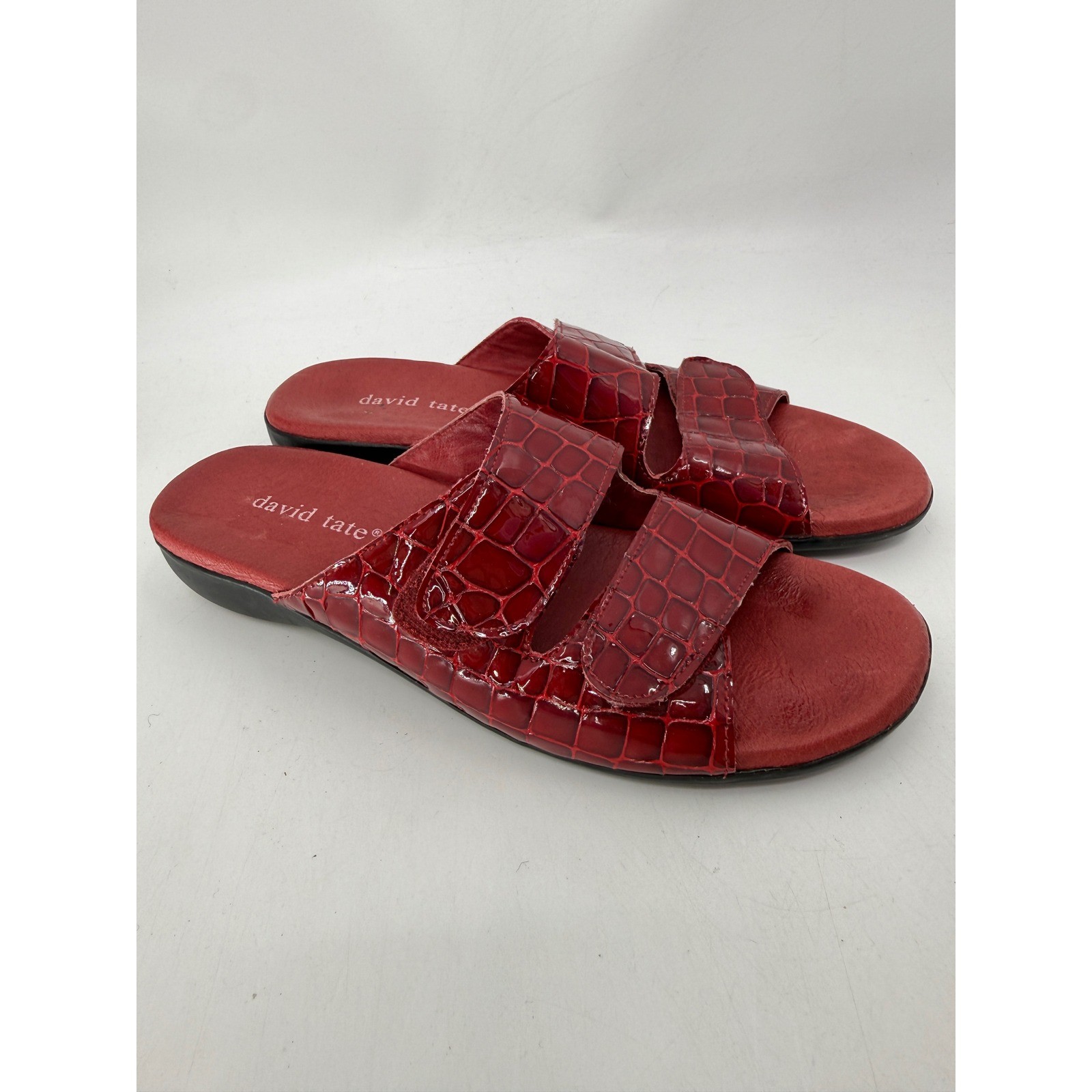 David Tate Red Patent Croc Embossed Leather Slide Sandals 8.5 SS Womens