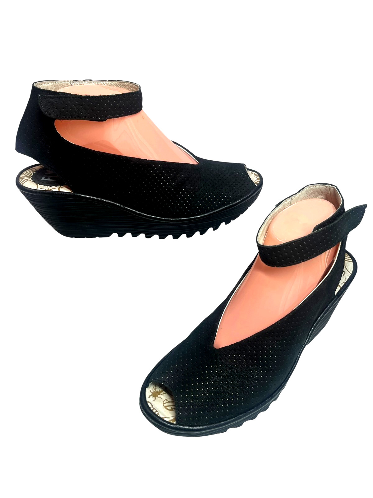 FLY LONDON Yala Black Perforated Suede Wedge Peep Sandals Size US 10-10.5 EU 41