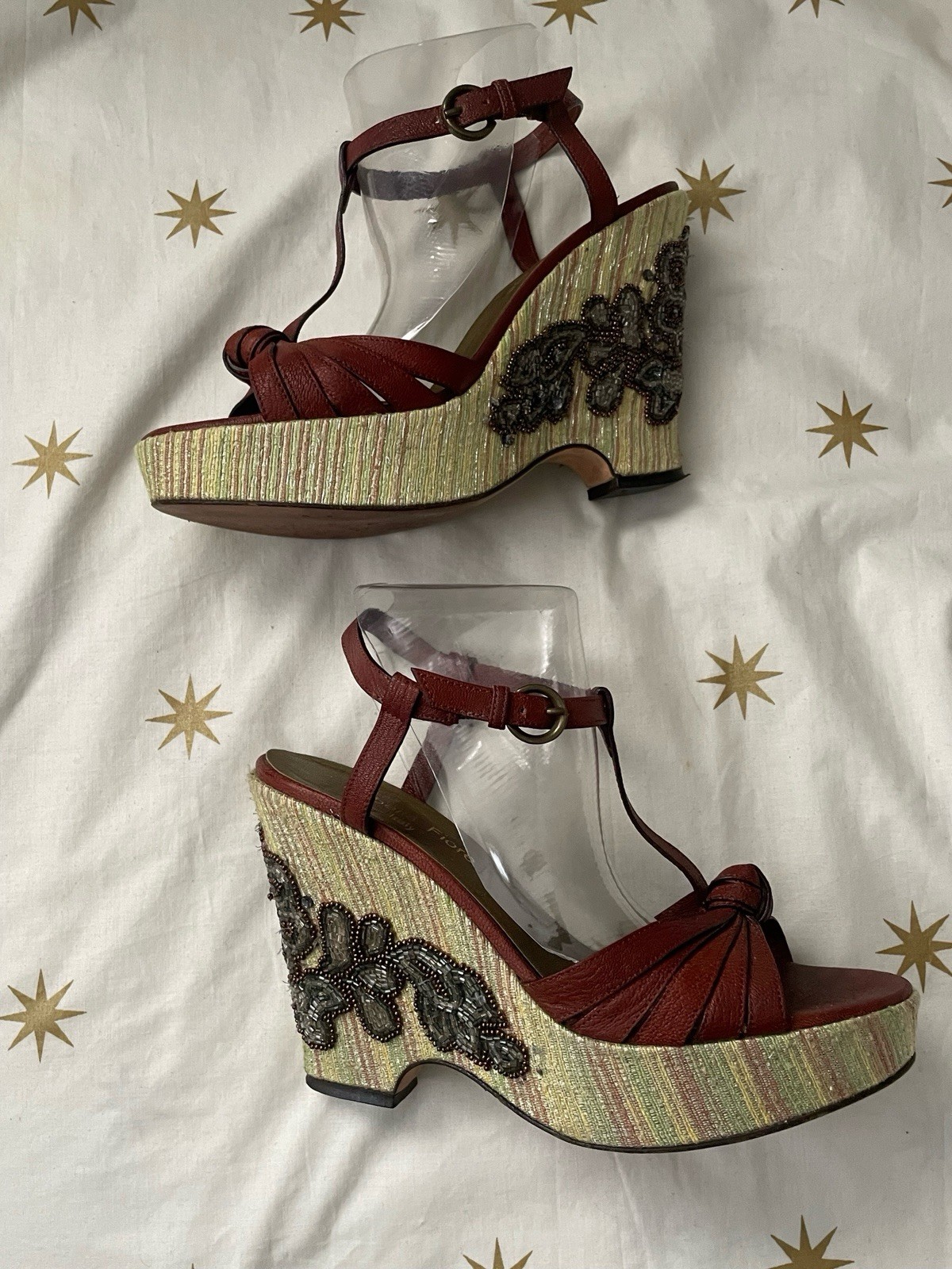 Isabella Fiore Brown Leather Beaded Platform Wedge Sandals