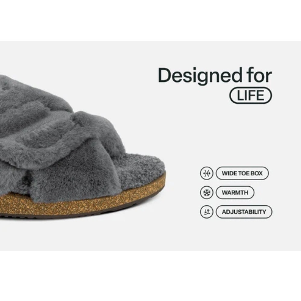 New Orthofeet Faux Fur Slippers Women Sz 9 Grey Crisscross Open Toe Plush Slides