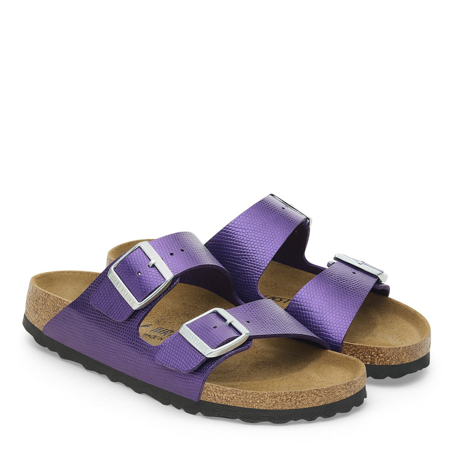 BIRKENSTOCK ARIZONA SHINY LIZARD ACAI MEDIUM/NARROW WIDTH SLIDE SANDALS VIOLET