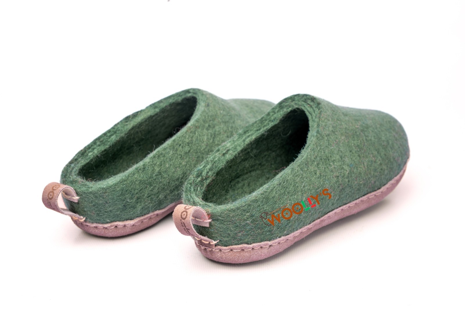 Woollyes Indoor Open Heel Slippers –Green | Pure New Zealand Wool | Leather Sole