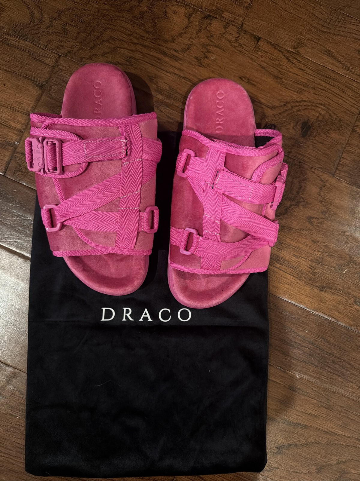 DRACO Pink Suede Slide Sandals Buckle Strap Logo Casual Shoes size 7/8 NeverUsed