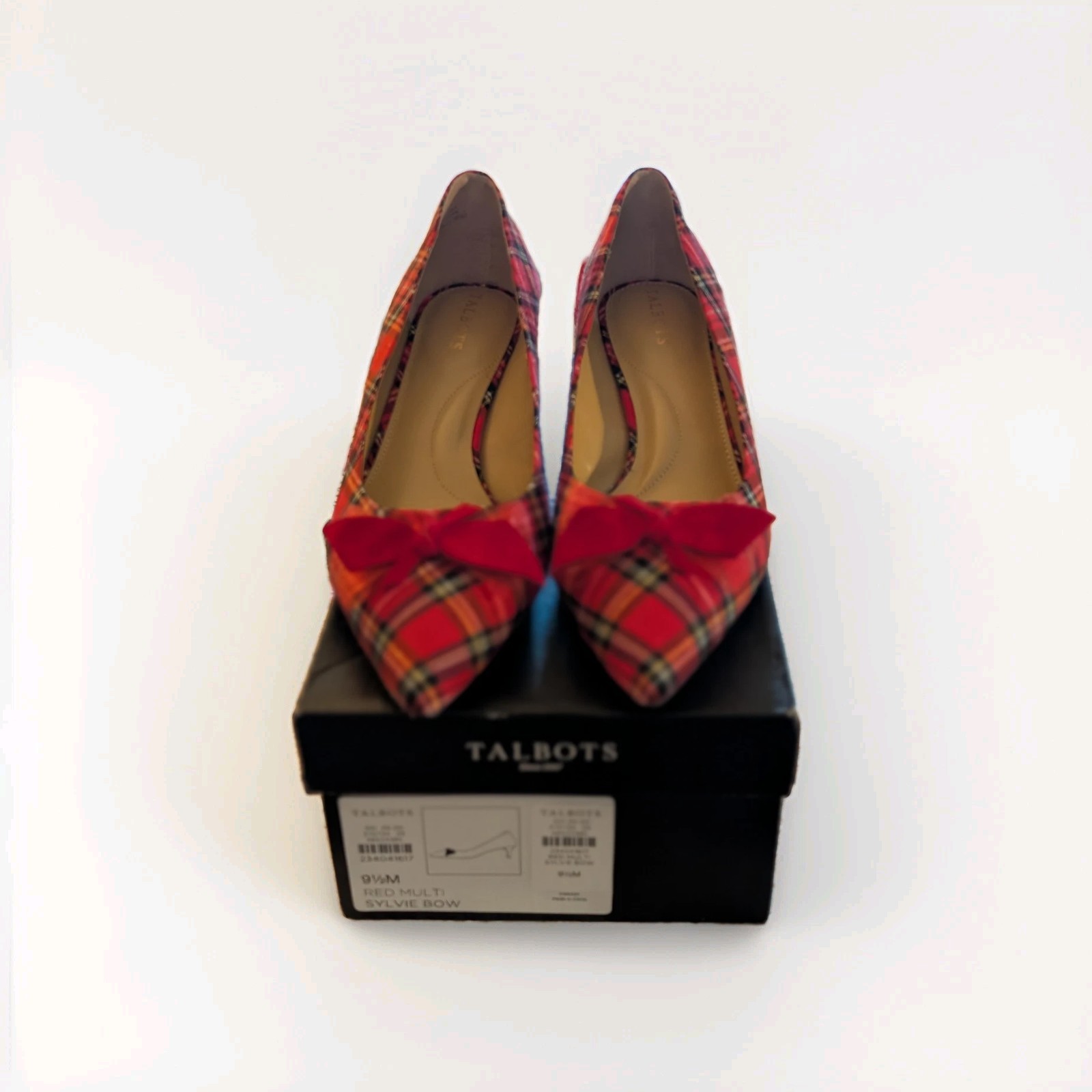Talbots Red Multicolor Plaid Bow Pumps Kitten Heel Pointed Toe Fabric 9.5M