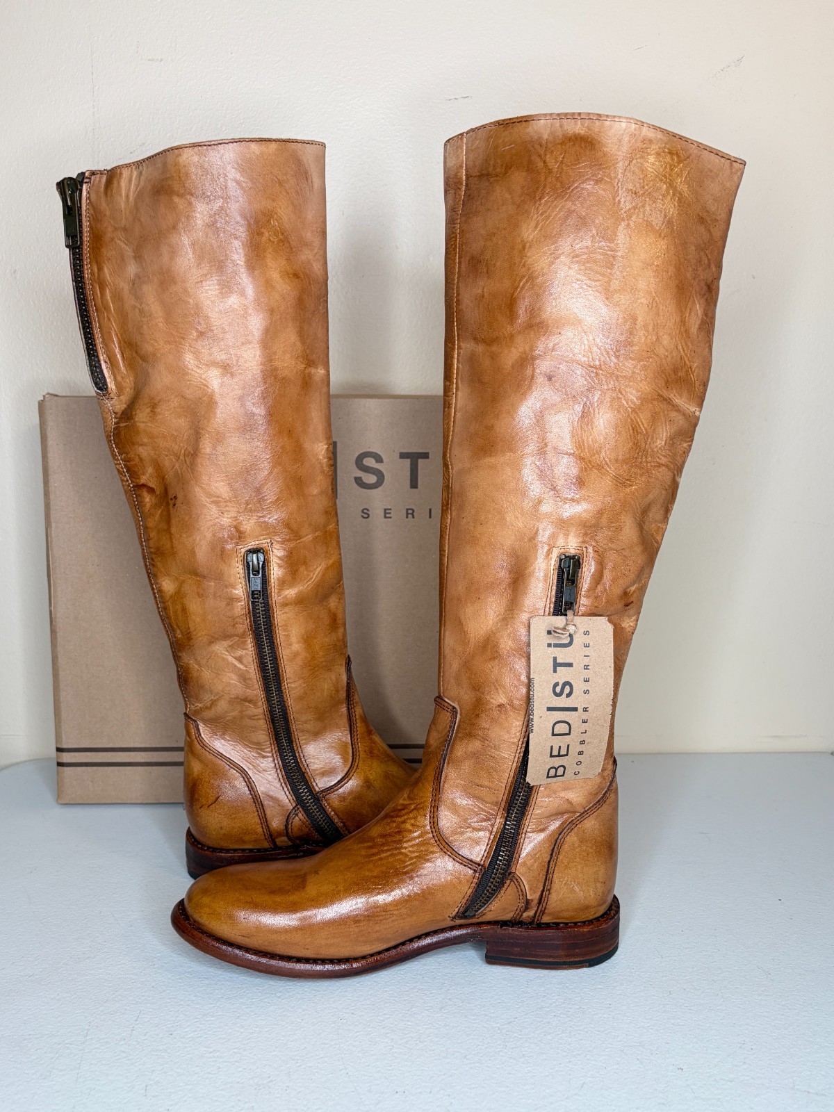 BED STU Tess Tan Distressed Leather Tall Riding Boots BedStu Size 7.5