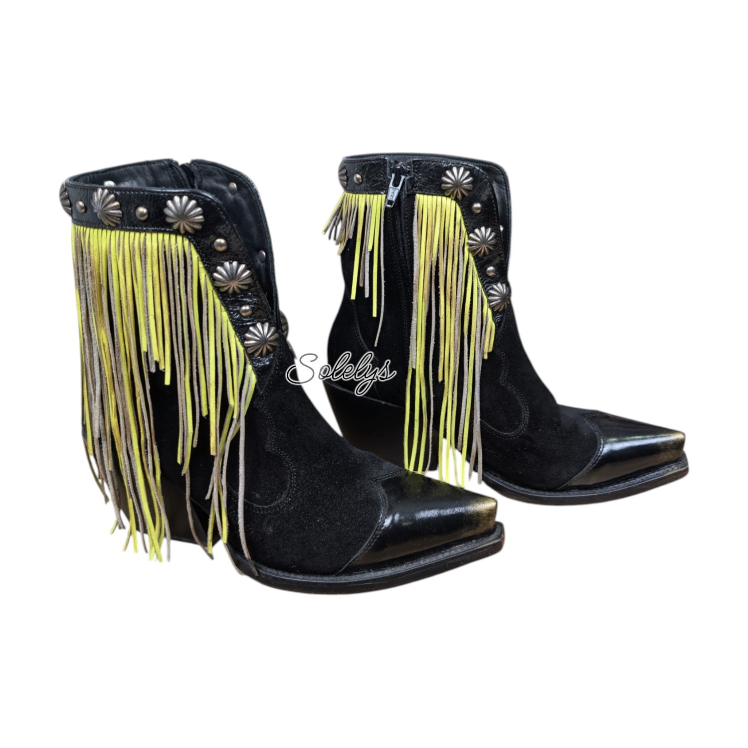 Mezcalero Eilen Green Handmade Fringe Black Suede Pointed Toe Western Bootie 8
