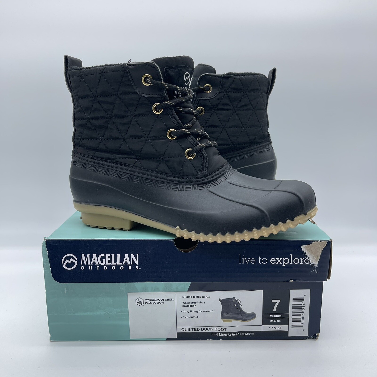 Magellan Women’s Size 7 Quilted Duck Boots 177851 Black Quilted Tan Waterproof