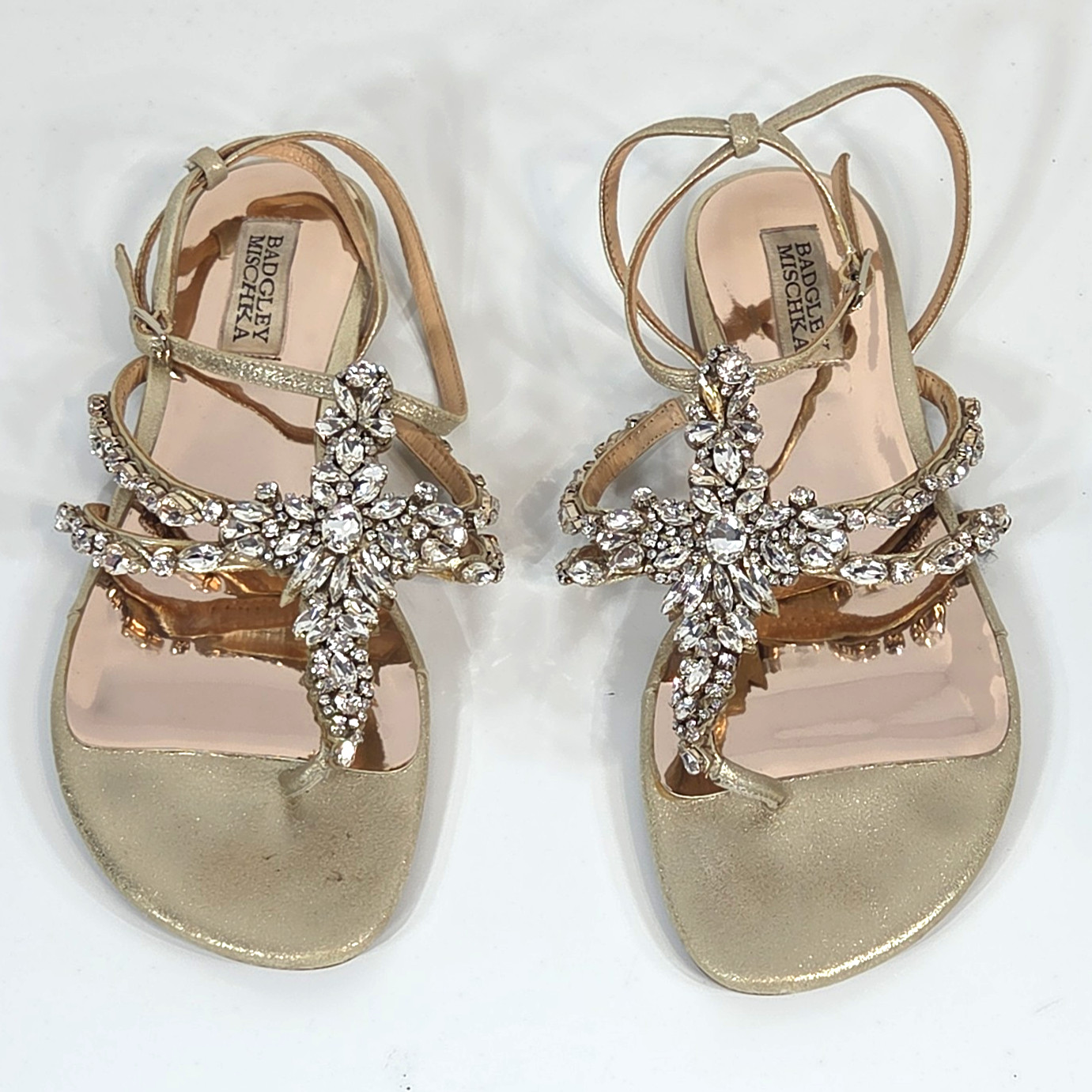 Badgley Mischka Hampden Leather Crystal Embellished Thong Sandals Gold Sz 7.5 M