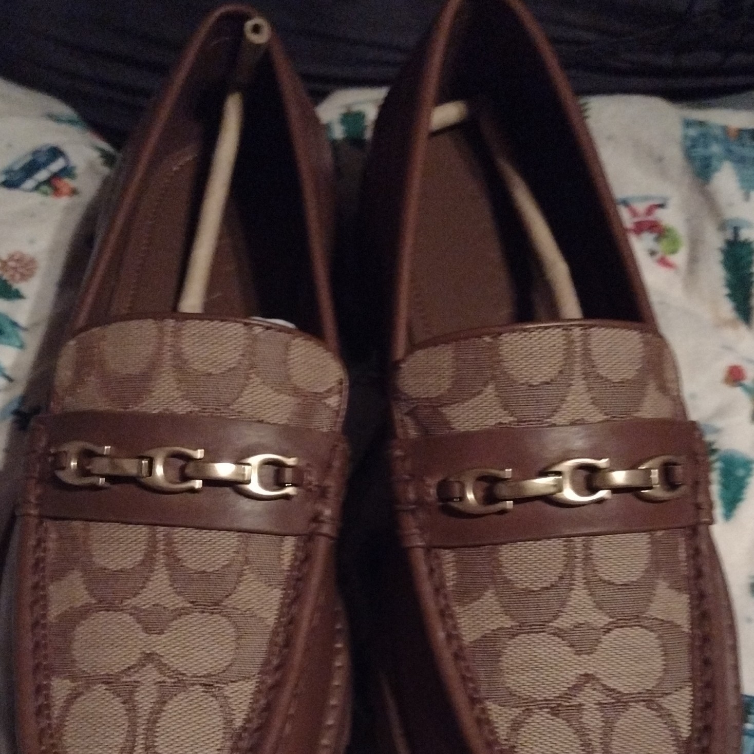 Coach Signature Canvas Brown Slip-On Loafer Flats Gold-Tone Chain Hardware
