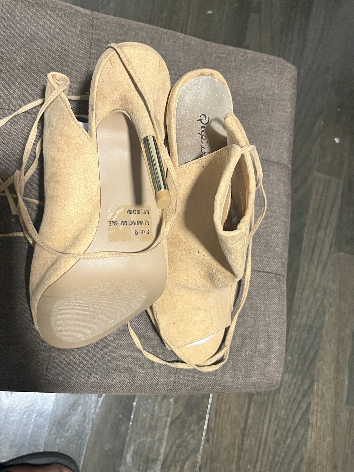 Qupid Women’s Size 9 Beige Suede Open Toe Lace-Up Ankle Strap Strappy Heel