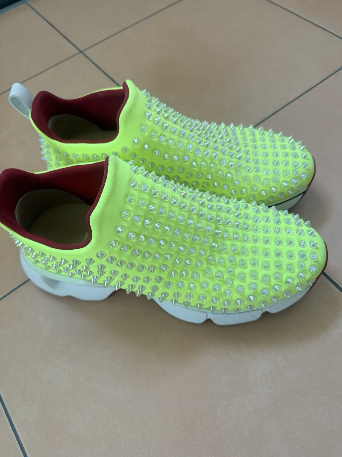 STUNNING CHRISTIAN LOUBOUTIN SPIKE SOCK ,slip-on sneakers in vibrant neon yellow