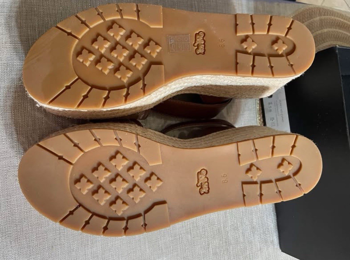 Coach Brown/Beige Logo Leather Wedge Sandals Ankle Strap Buckle Women 8.5