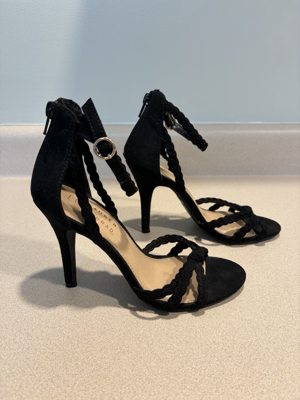 LC Lauren Conrad Black Braided Strappy Open Toe Stiletto Heels Buckle Zip