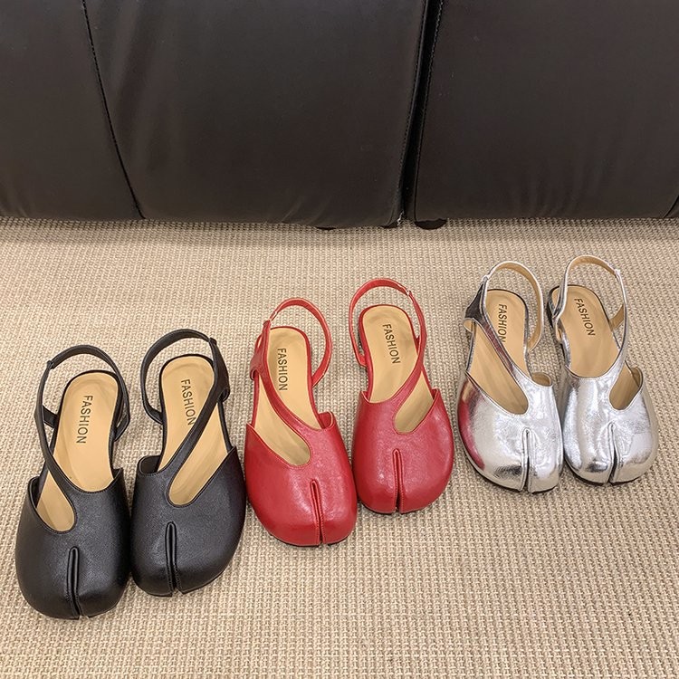 Women’s Leather Split Toe Slingback Flats T-Strap Cutout Backless Mule Sandals
