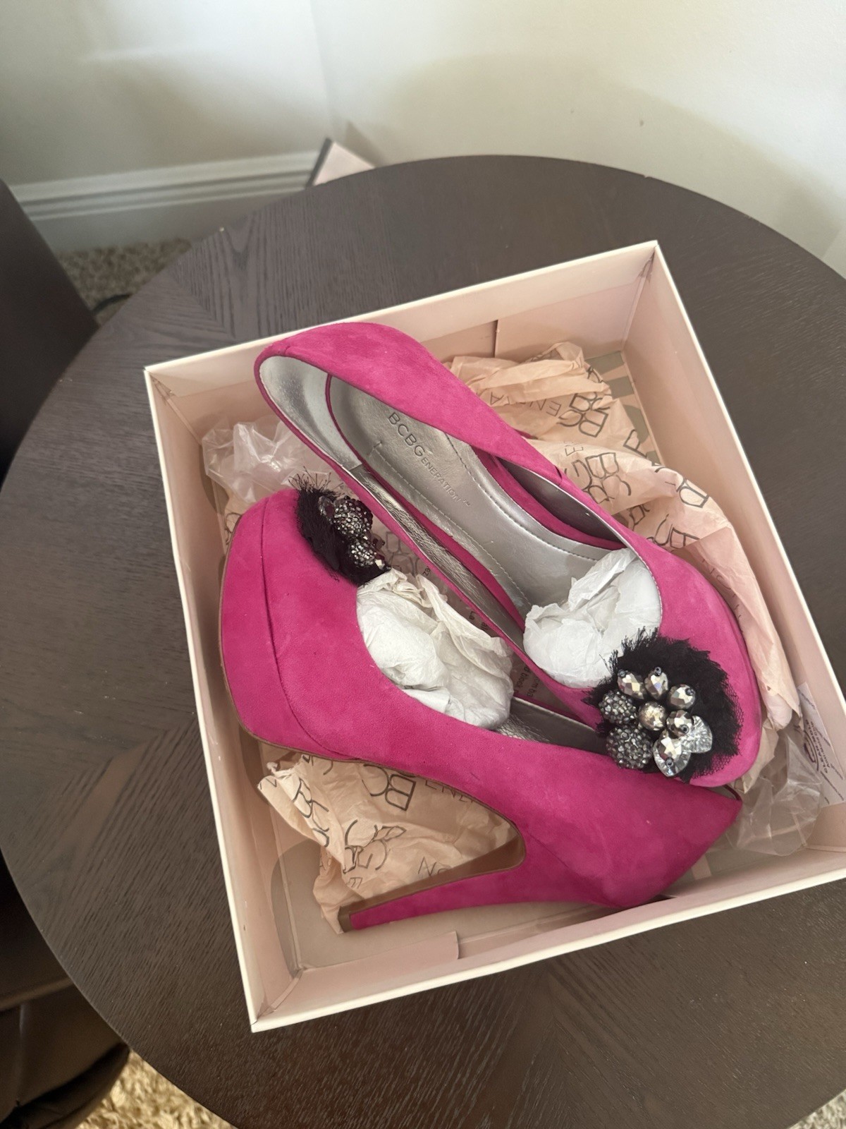 BCBGeneration Pink Suede Rhinestone Beaded Round Toe Stiletto Pumps 8.5M