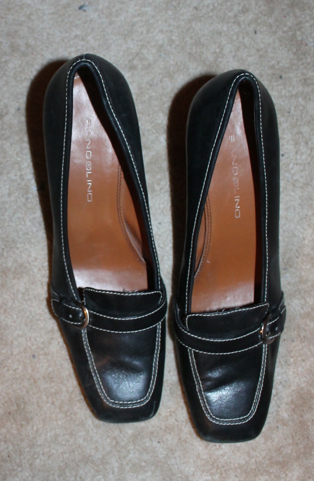 BANDOLINO Ladies’ Sz 8.5 HEELS/PUMPS (black matte leather; 3.25″ heel) EUC