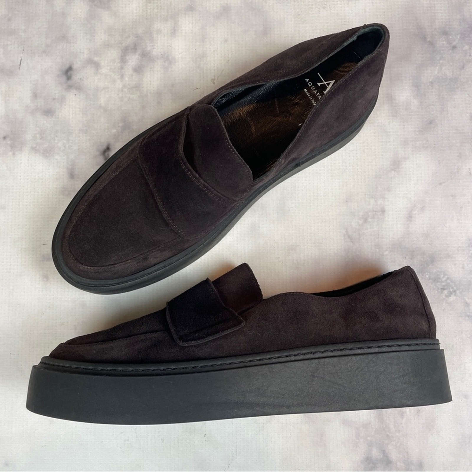 Aquatalia Brown Suede Loafers Weatherproof Modern Classic Flatforms Sz 40/ 9-9.5