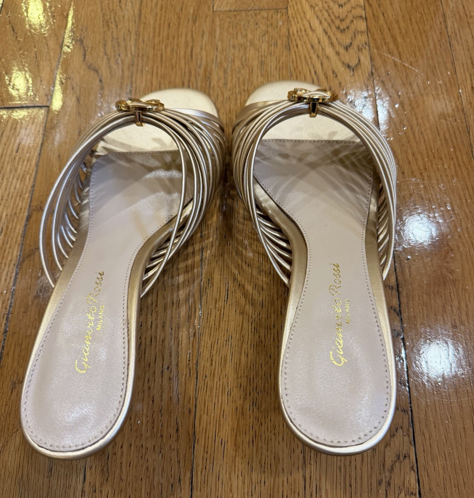 Gold Metallic Leather Mules featuring a multi strap design – Size 37