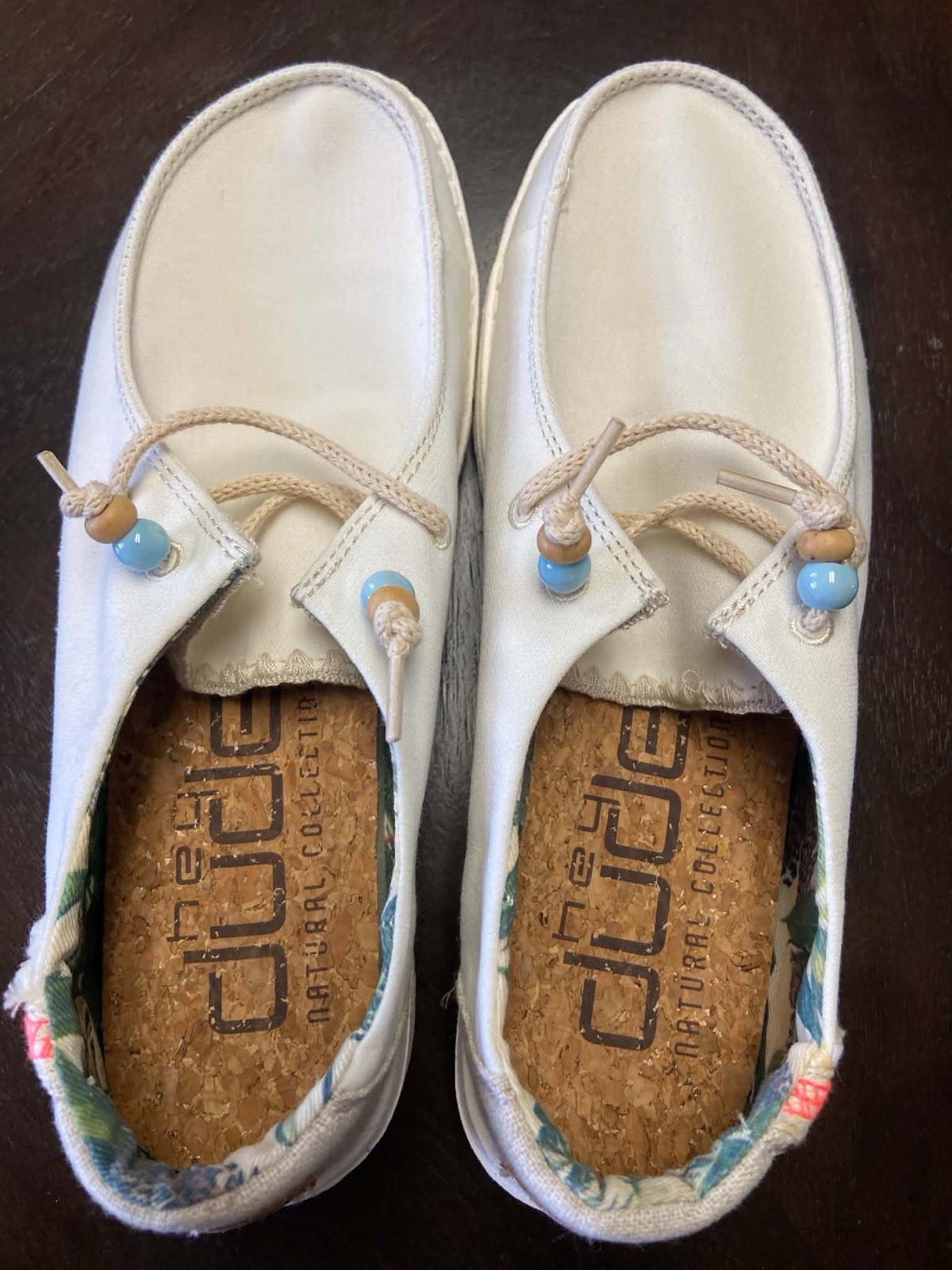 Hey Dude Women’s White Canvas Slip-On Flats Cork Insole Beaded US 7 EU 38