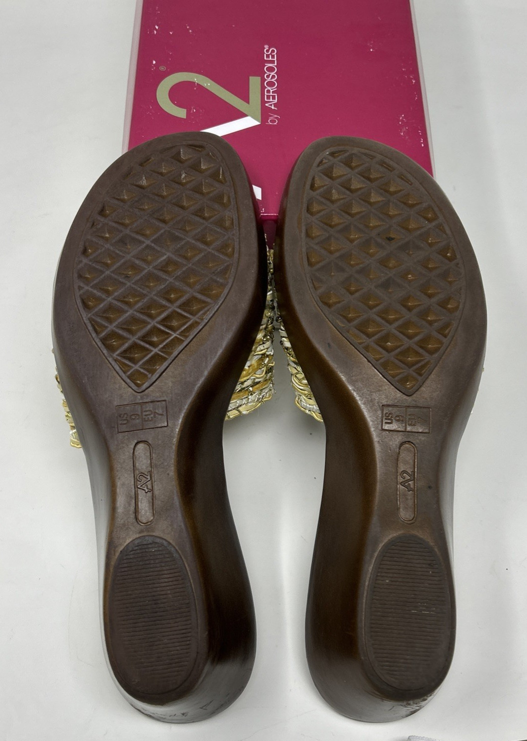 A2 by Aerosoles Say Yes Woven Wedge Sandals Slide Women 9 Gold Metallic with Box