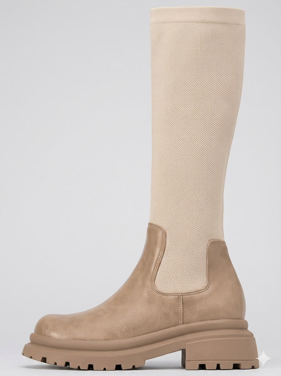 NEWBELLA Mousse Fit Women’s Knee High Boots Chunky Heel Lug Sole Comfort Beige
