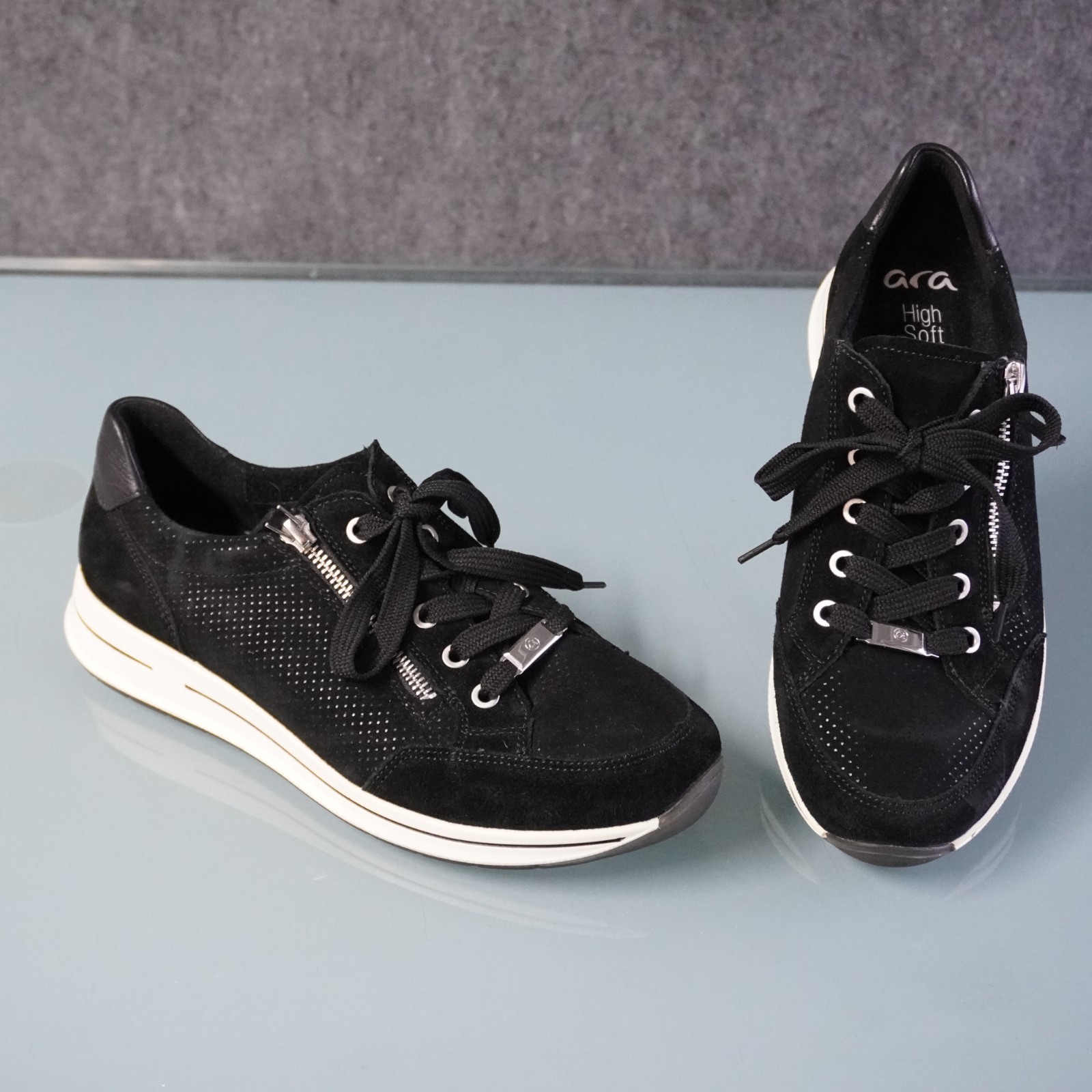 Ara Oleanna Black Suede Sneakers Women’s 6.5 US 8 UK HighSoft Comfort Zip Shoes
