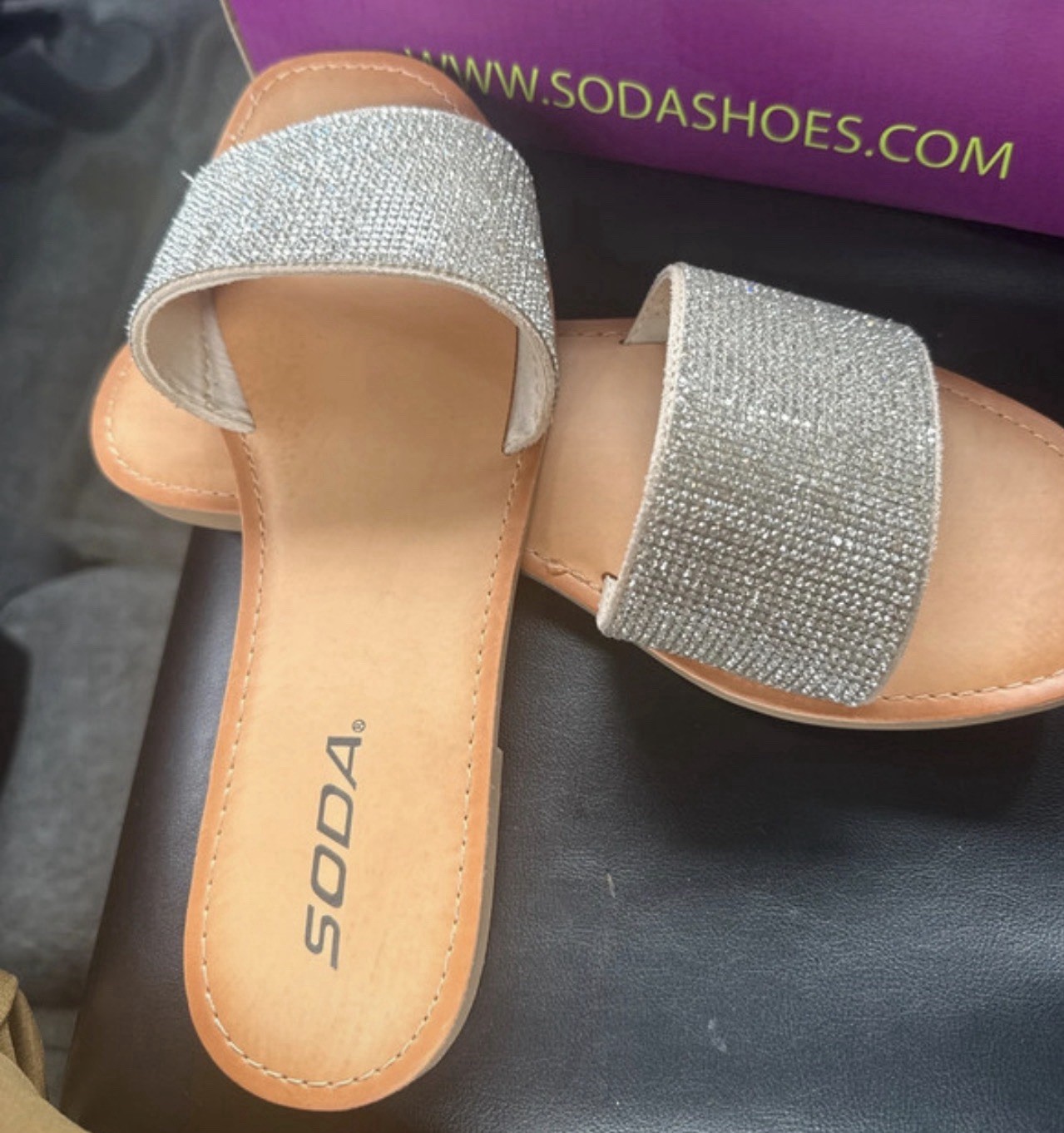 SODA Women’s Slide Sandals Slip-On Glitter Straps Flat Solid Silver/Tan