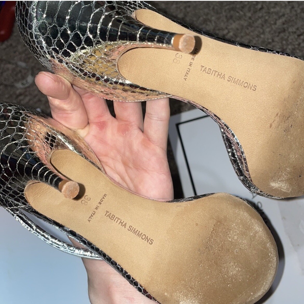 Tabitha Simmons $695 Silver Metallic Snakeskin Heel Sandals Size 8 Evening Glam