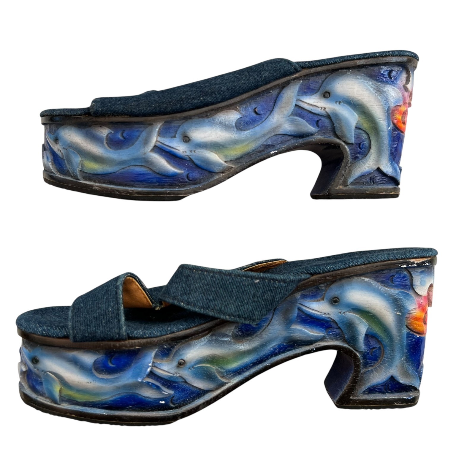 Vintage 90s platform sandals blue denim carved wood dolphins 40 slide chunky
