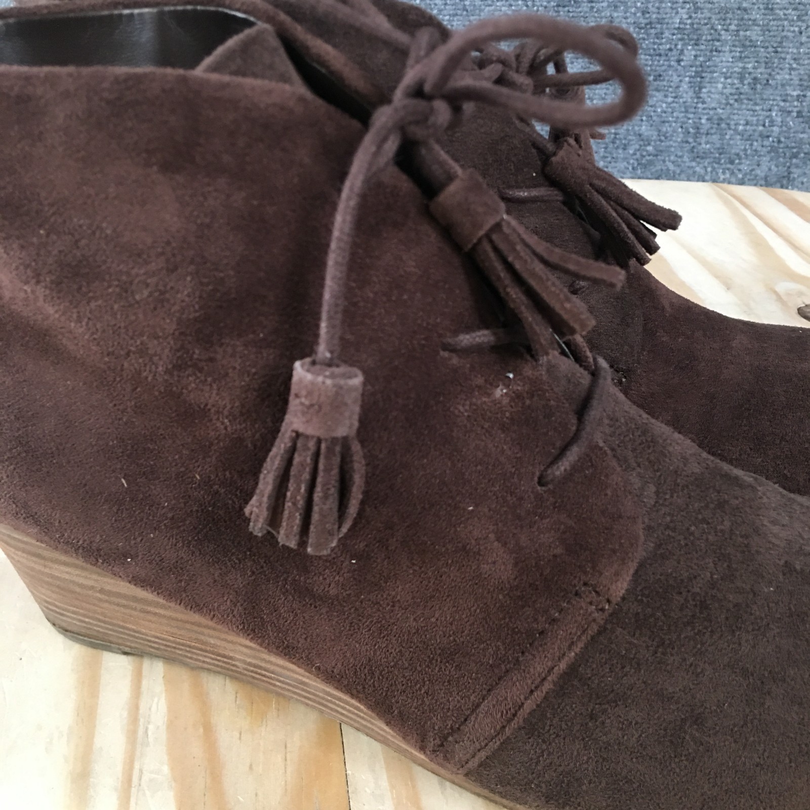 Dr. Scholl’s Boots Womens 9.5 M Dakota Ankle Bootie Brown Fabric Wedge Heels